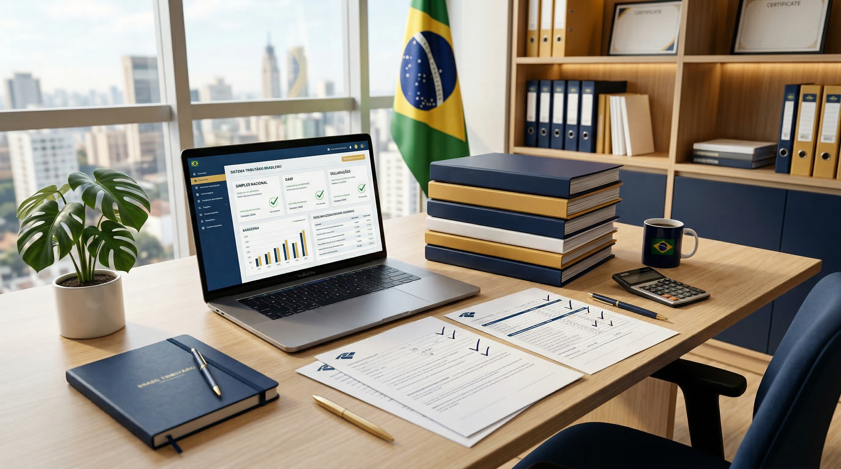 Mesa de escritório organizada com documentos, laptop e bandeira do Brasil ao fundo